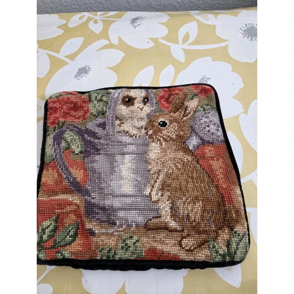 Vtg Hand Stitched Needlepoint Bunny Rabbit Watering Garden Accent Pillow 9.5